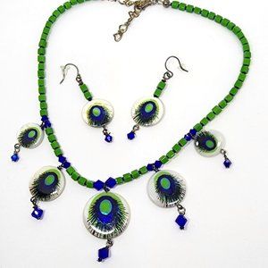 Vintage Peacock Blue Green MOP Handmade One of a Kind Necklace Earrings Set